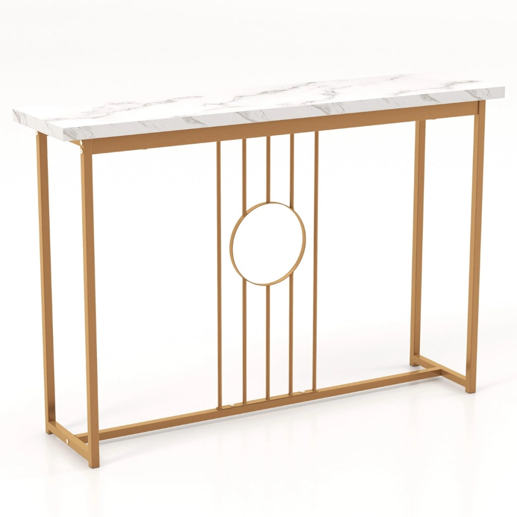 Tavolo console da 120cm con piano effetto marmo e struttura in metallo, Tavolo moderno con cornice dorata Bianco-Consolle