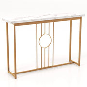 Tavolo console da 120cm con piano effetto marmo e struttura in metallo, Tavolo moderno con cornice dorata Bianco-Consolle