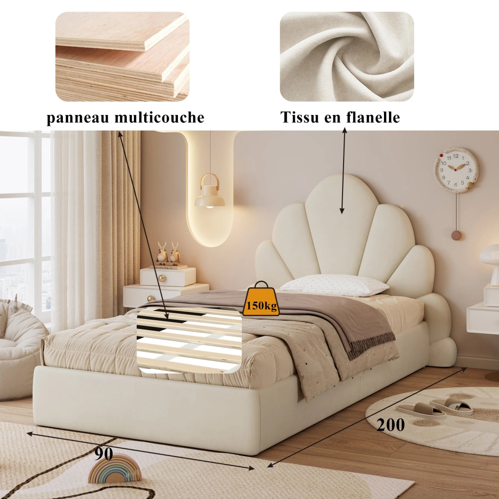 Letto Singolo 90 x 200 cm - Testiera a Petali e Tavolini Laterali - in Velluto - Beige