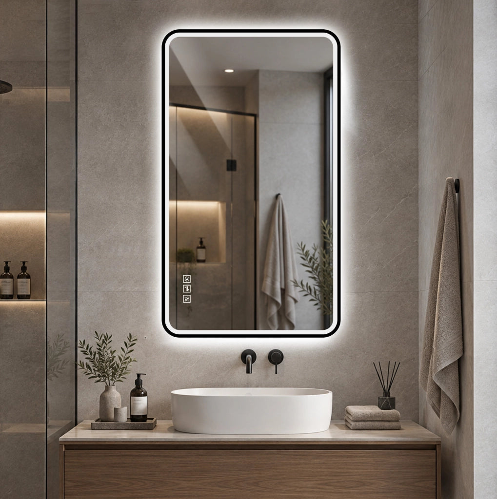 Specchio bagno LED ULEVR con cornice nera, antiappannamento, luce regolabile 3000K-6000K e memoria