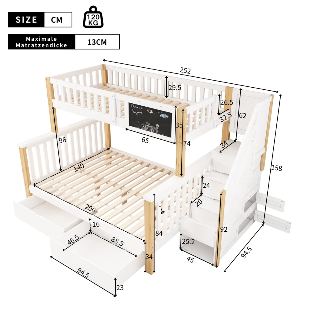 Lettino a castello per bambini con lavagna e cassetti; 90x200 cm; bianco e rovere chiaro