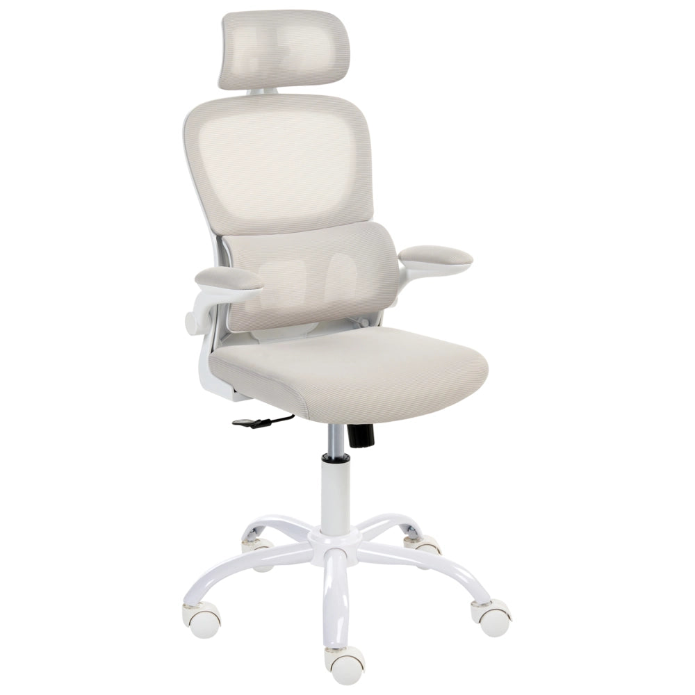 Sedia da ufficio beige con rivestimento in rete base in ferro girevole altezza regolabile poggiatesta e braccioli schienale reclinabile