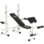 Panca pesi con pressa per gambe, supporto per bilanciere e braccioli per un allenamento efficace con i pesi, bianco e nero
