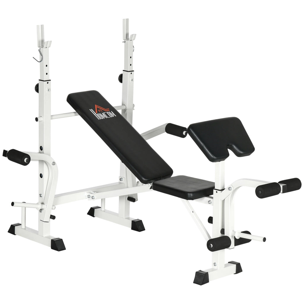 Panca pesi con pressa per gambe, supporto per bilanciere e braccioli per un allenamento efficace con i pesi, bianco e nero