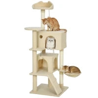 Tiragraffi per Gatti 140 cm con Piattaforme Letto, 2 Casette, Amaca, Scala e Pali in Sisal, Beige