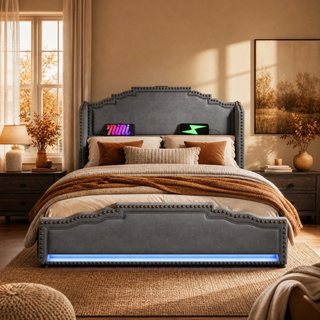 Letto matrimoniale 140x200 cm in velluto grigio con 4 cassetti; LED e porte USB-Type C