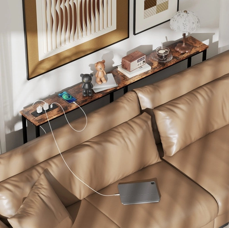 Tavolo consolle stretto con prese AC; USB e USB-C; 160 x 20 x 80 cm; marrone