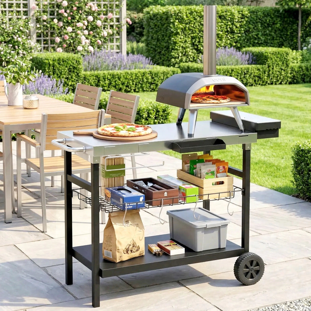 Carrello Barbecue da Esterno 114x61x81 cm con Piano in Acciaio Inossidabile Porta Spezie Ganci e Maniglia Laterale Nero