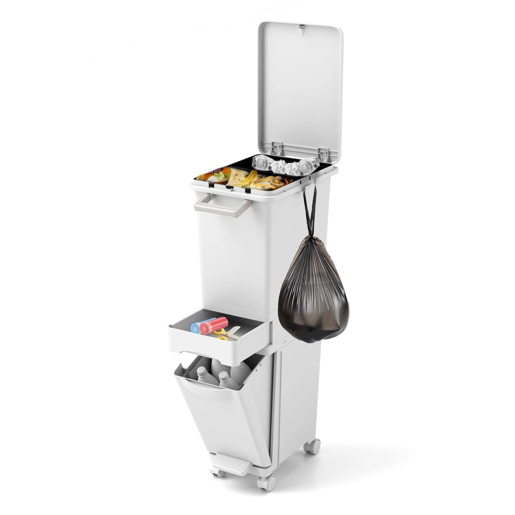 Pattumiera Tri Selectif da 32L per Cucina, 3-in-1 con 2 Contenitori Estraibili, Cassetti, Pedale e Ruote, Include Adesivi per Raccolta Rifiuti (Bianco)