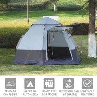 Tenda da Campeggio 2 Posti con Apertura Automatica e Accessori, in Acciaio e Tessuto Oxford, Grigia e Nera