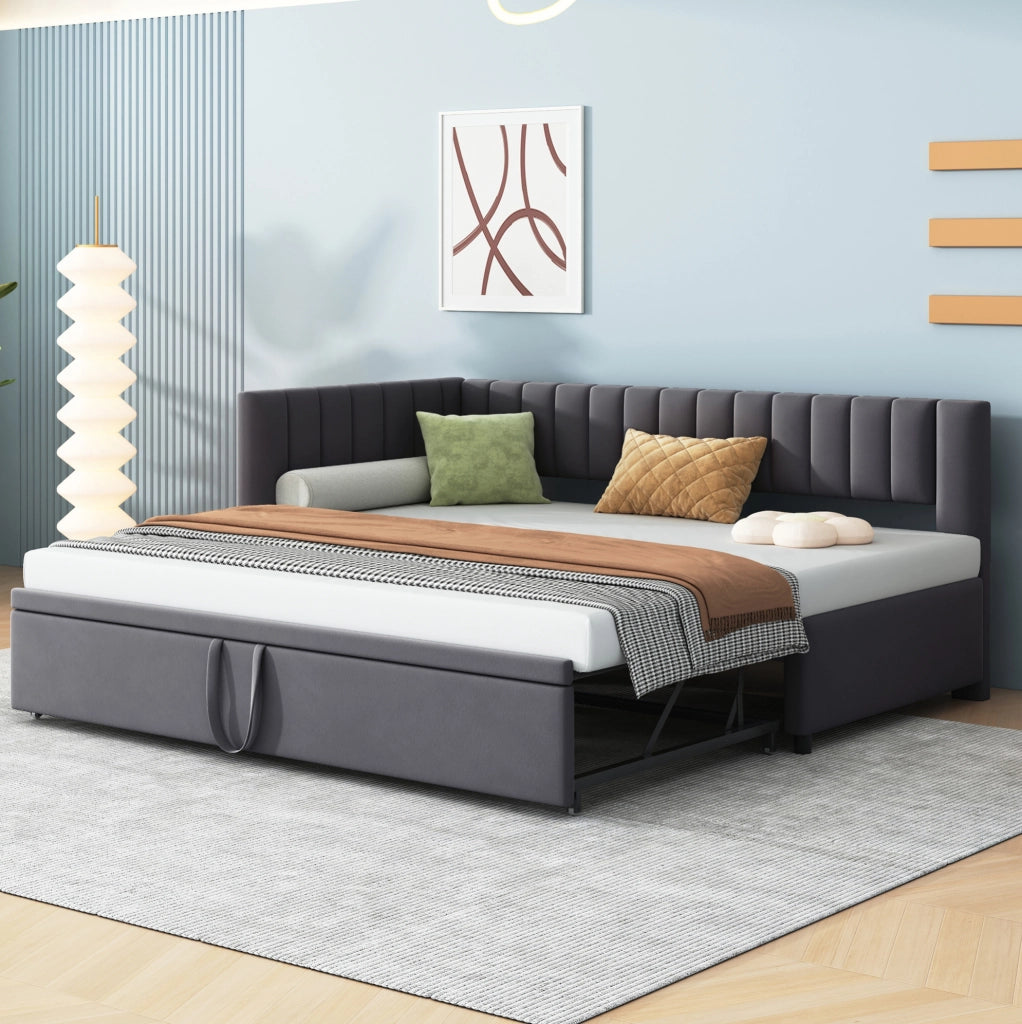Divano letto angolare 90x200 cm estraibile; design salvaspazio; in velluto imbottito grigio