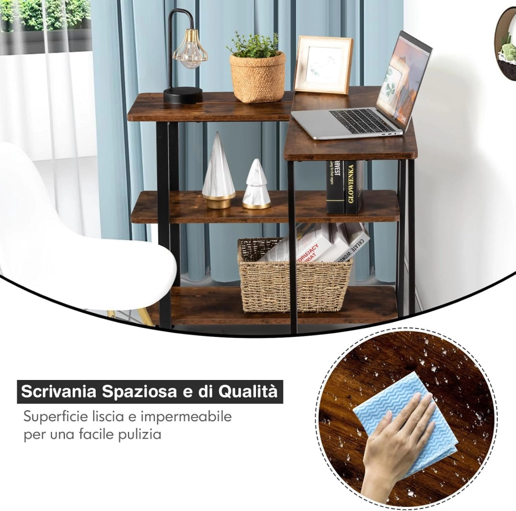 Tavolino da Salotto a Forma di L a 3 Livelli, Tavolino Girevole e Trasformabile con Ruote, Tavolino Moderno e Multiuso in Metallo e Legno (Caffè)