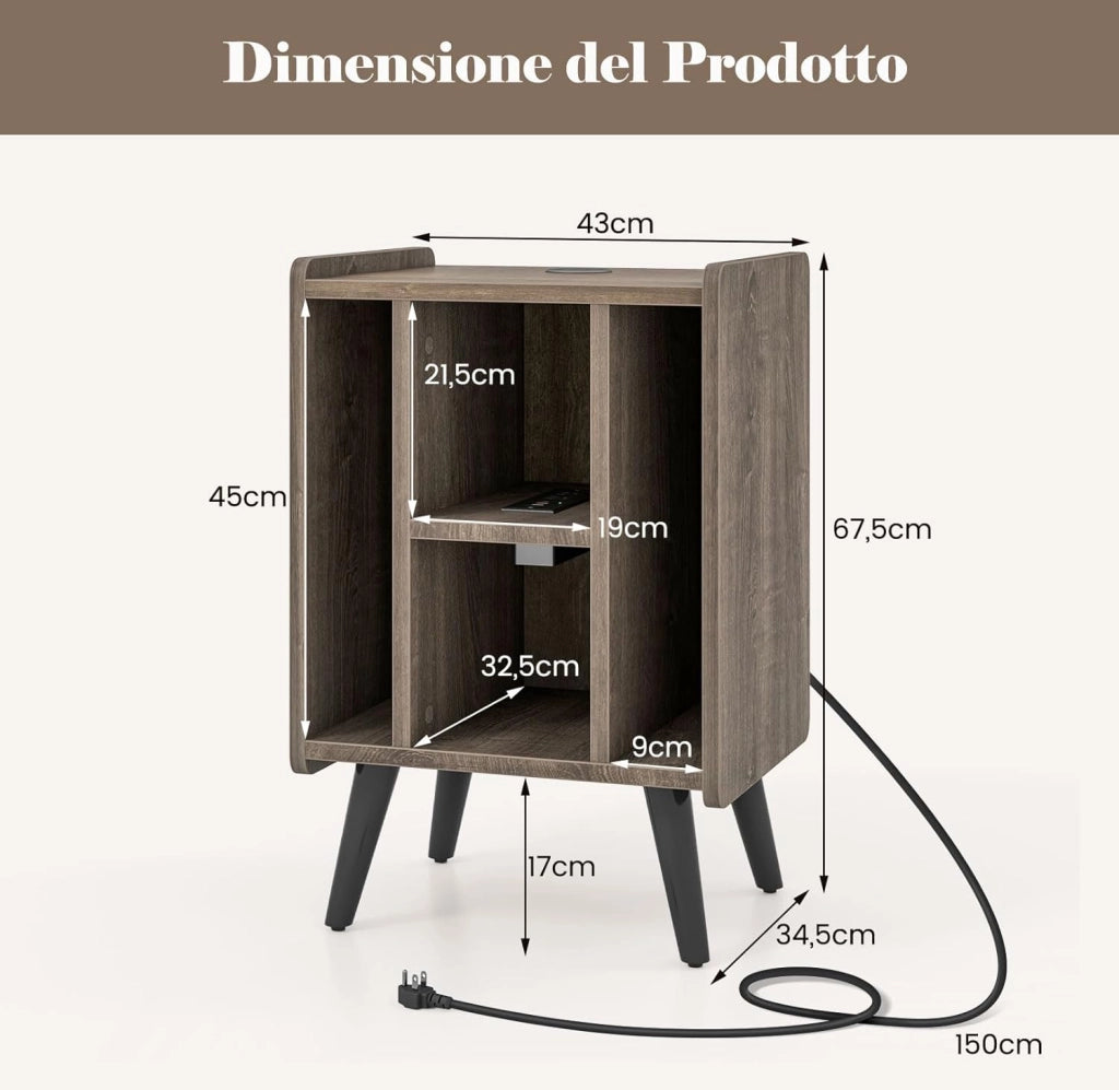 Supporto per Giradischi, Porta Vinili con 4 Ripiani Aperti, Presa di Corrente e Porta USB, con Mensole Espositive, per Soggiorno, Camera da Letto e Ufficio, 43 x 34,5 x 67,5 cm (Grigio)