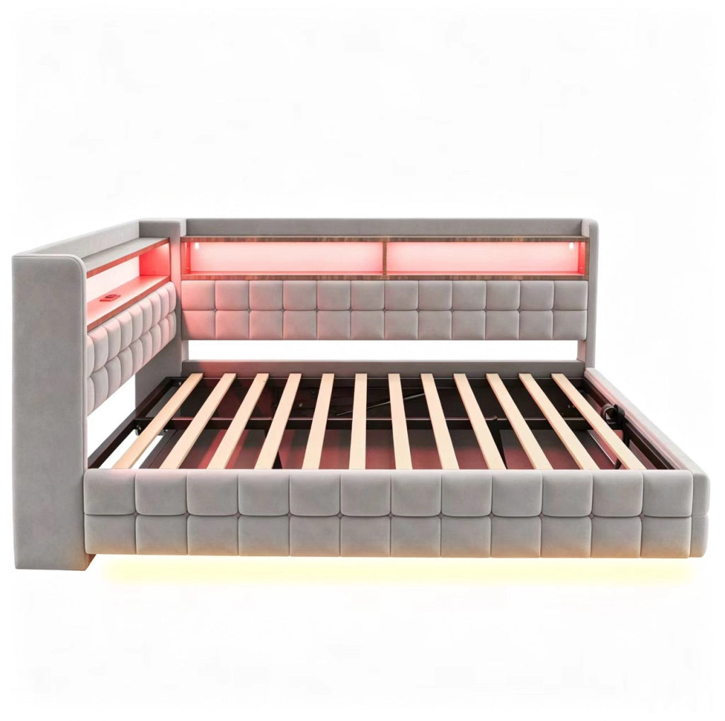 Divano letto imbottito 217x155.5x85 cm con vano contenitore; prese; LED; legno; grigio chiaro