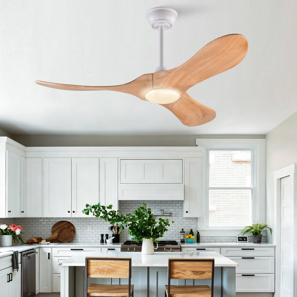 Ventilatore da soffitto 42 pollici con illuminazione e telecomando, 3 pale legno massello naturale, 3CCT dimmerabile, reversibile, 6 vel, timer