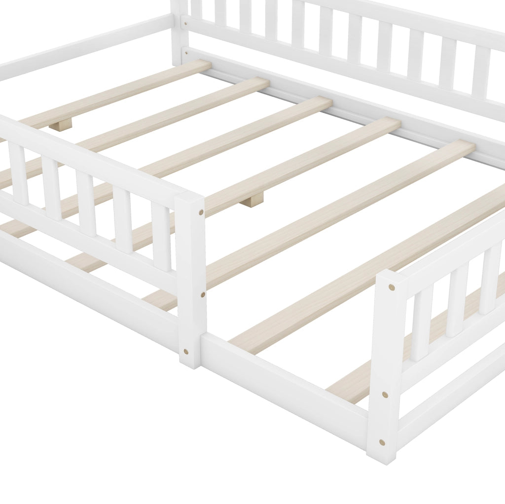 Letto per bambini a forma di casetta 140x200 cm con sponda di sicurezza e comodino; bianco
