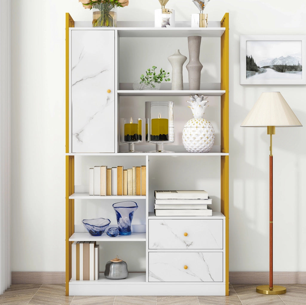 Libreria 100x30x173，5 cm in truciolato bianco e oro， 6 livelli