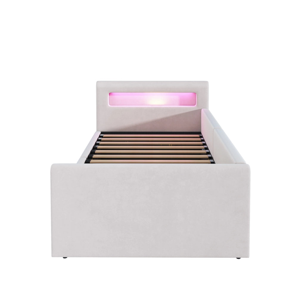 Letto imbottito singolo 90×200 cm con LED; luce notturna; USB e contenitore idraulico; senza materasso; beige