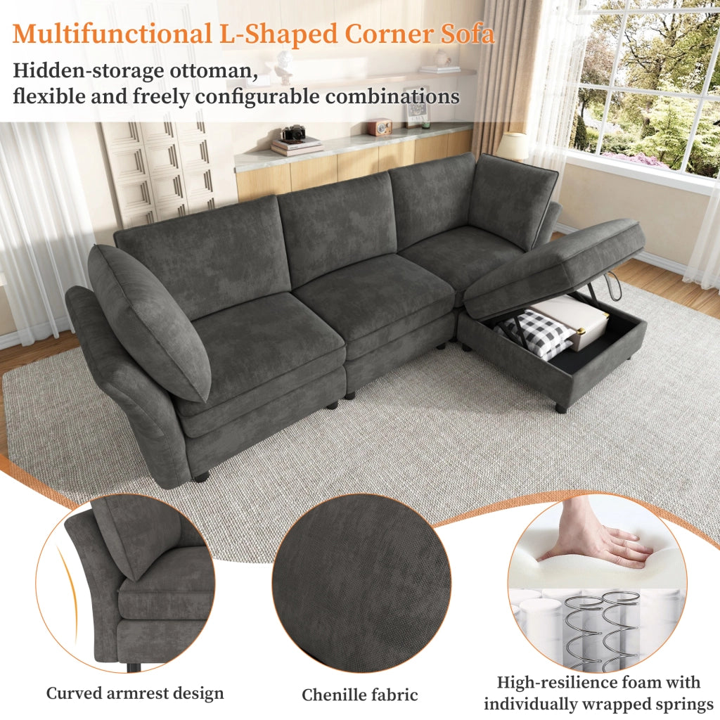 Divano modulare a L con pouf contenitore e cuscini in chenille grigio con braccioli ergonomici 4 5 posti