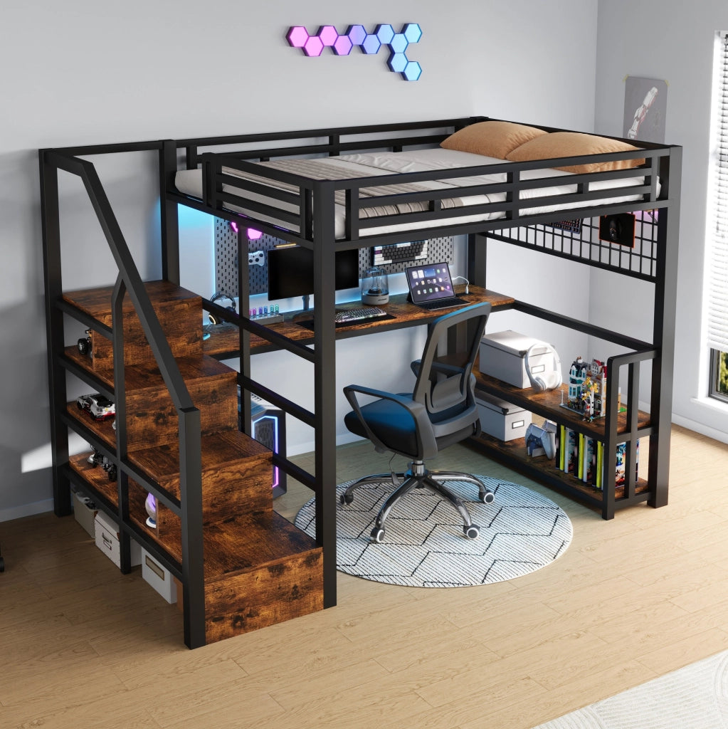 Letto a soppalco 140x200 cm con scrivania, LED e prese USB