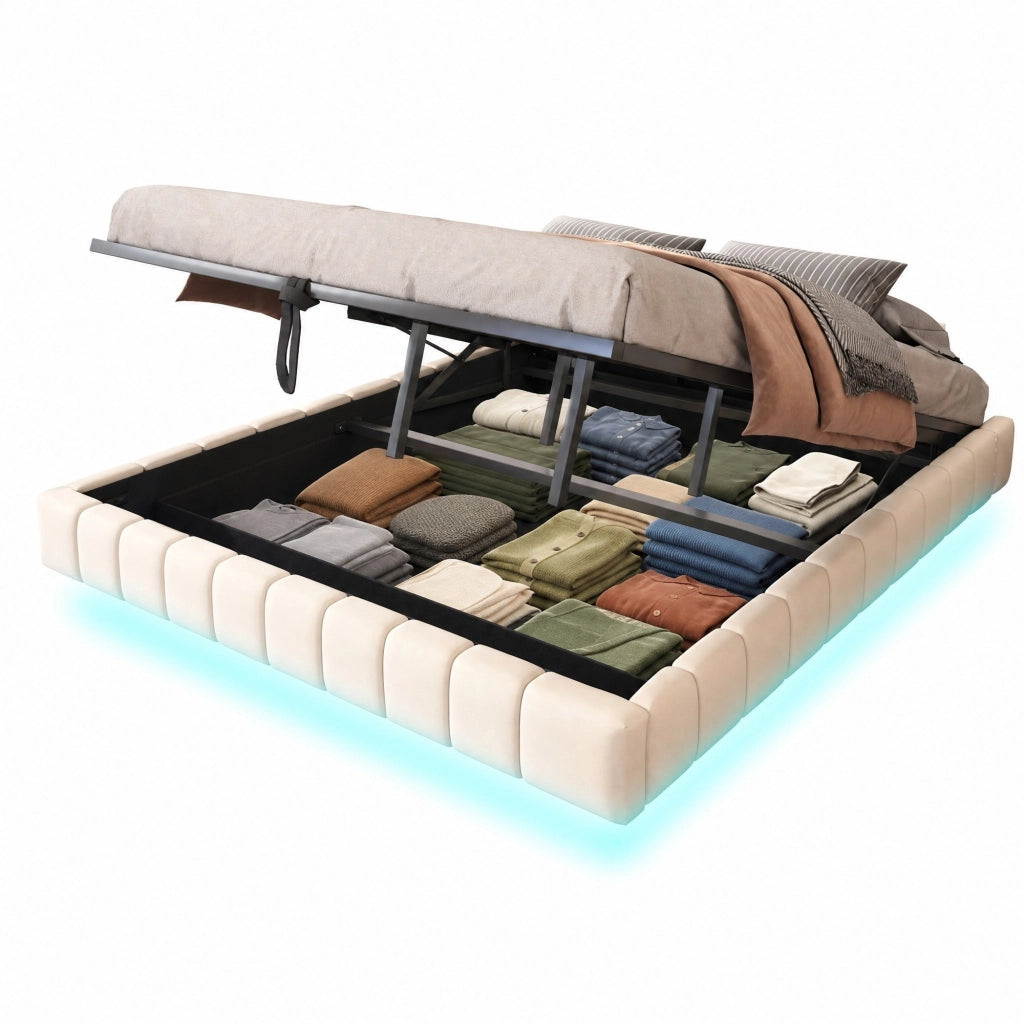 Letto matrimoniale sospeso imbottito 180x200 cm con contenitore; LED; beige in lino