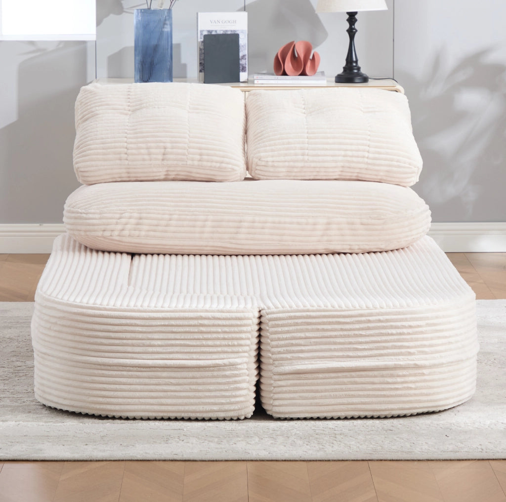 Poltrona relax 2 in 1 in velluto a coste beige con portabevande