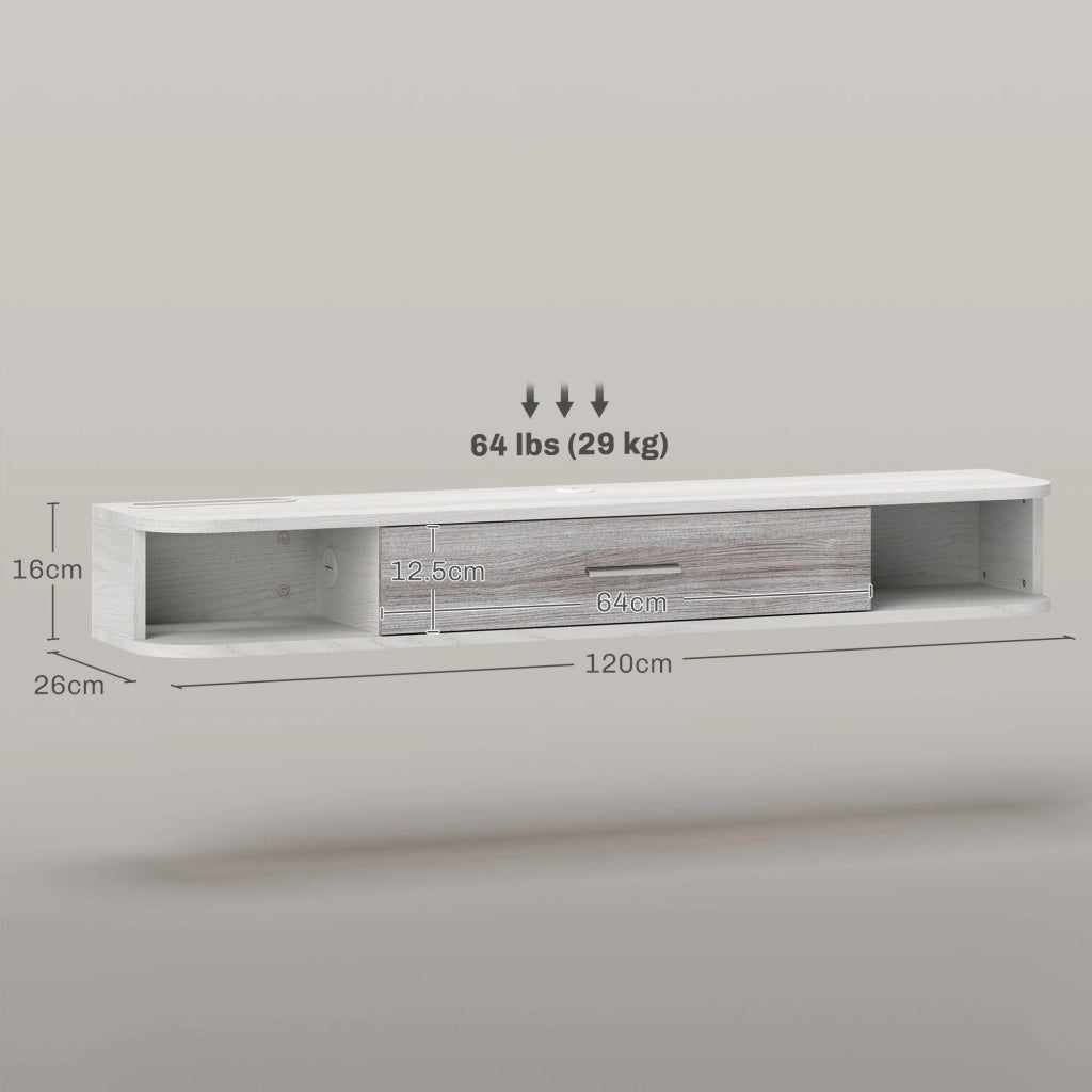 Mobile TV Sospeso 2 Ripiani e 1 Vano Chiuso a Ribalta 120x26x16 cm Bianco e Grigio