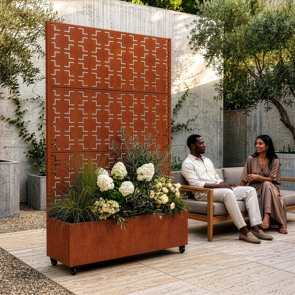 Fioriera con Spalliera Aaskis a Rotelle in Acciaio Corten 190 x 120 x 38 cm - Marrone Ossidato casa.pro