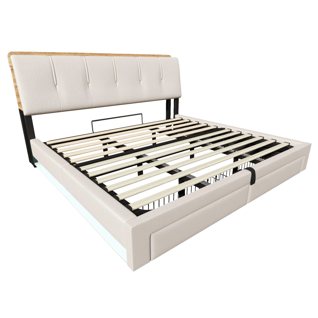 Letto Contenitore 180x200 cm; Matrimoniale - USB; Type-C; LED e Mensole - in Lino - Beige