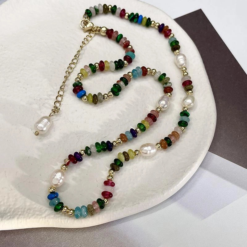 Collana vintage con perline di cristallo naturale e perle d'acqua dolce, regalo di Natale o compleanno.