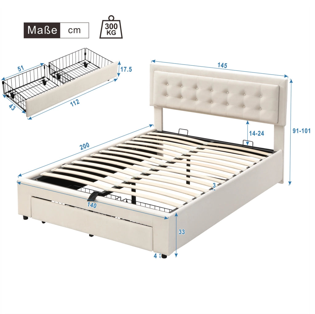 Letto matrimoniale imbottito 140x200 cm in velluto beige con testiera regolabile e contenitore