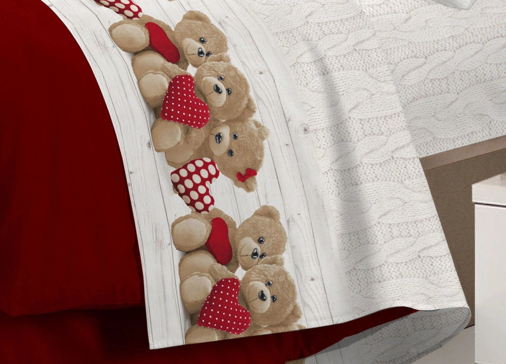Completo Lenzuola Linea Pensieri Delicati 100% Cotone Disegno New Orsetti - Piazza E Mezza - Rosso