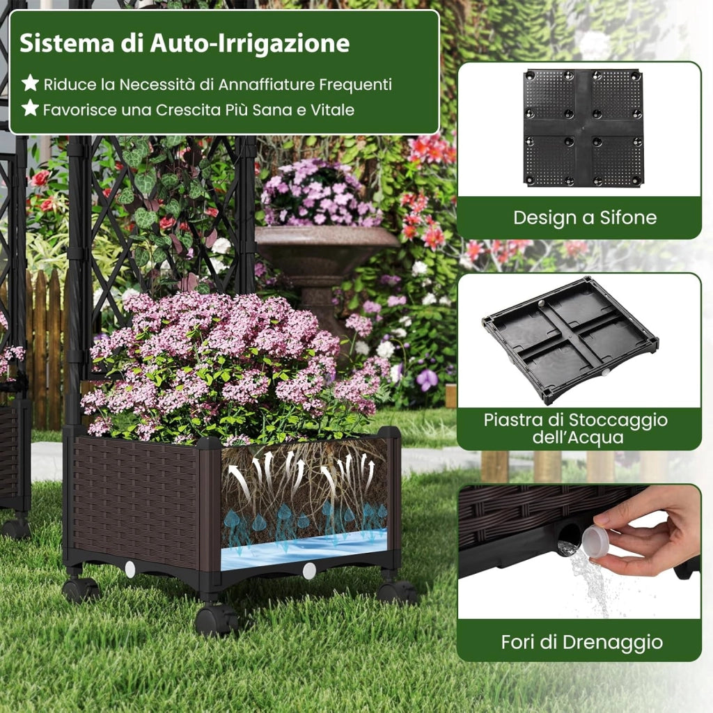 Fioriera Rialzata da Giardino con Grigliato, Tetto, Ruote Bloccabili e Irrigazione Automatica, Letto da Giardino Rialzato Alto in Rattan Impermeabile per Piante Rampicanti (Marrone)