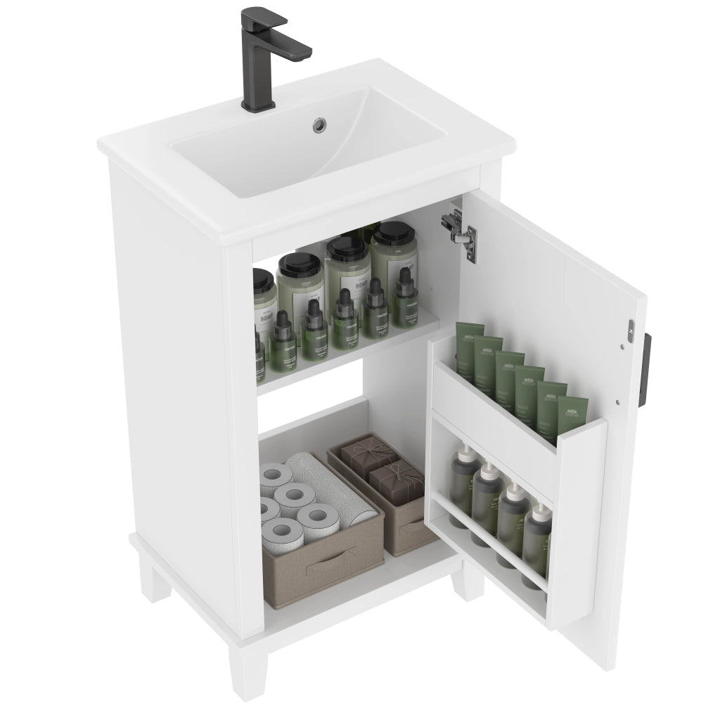 Mobile bagno freestanding 51x34x83 cm con lavabo in ceramica integrato, 1 anta, ripiano regolabile, bianco