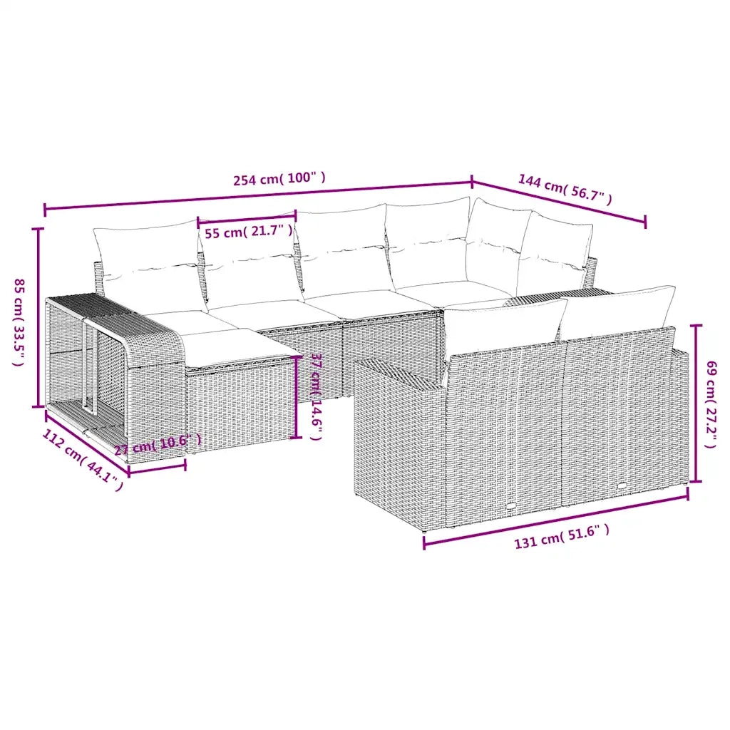 Set Divano Giardino 10 pz con Cuscini Grigio Chiaro Polyrattan