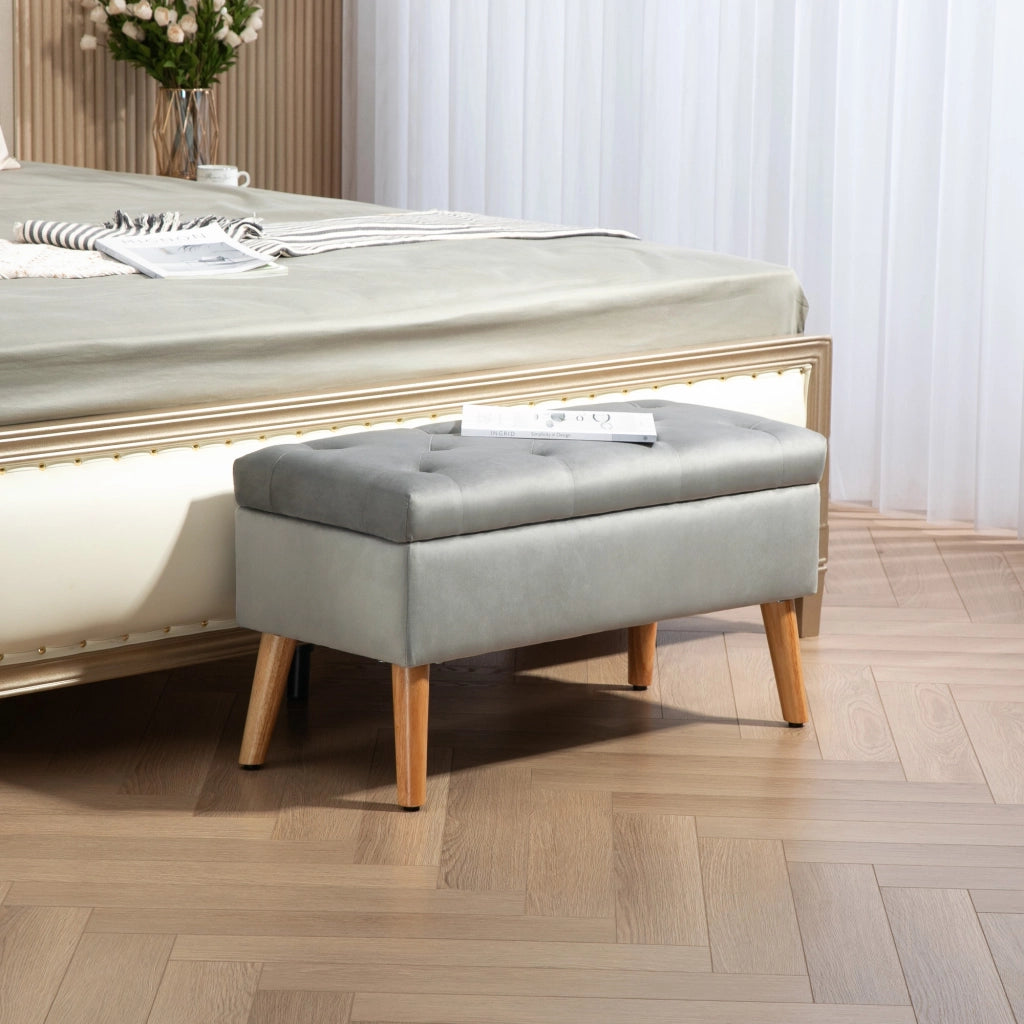 Cassa di stoccaggio tessuto effetto velluto con piedi in legno ¨C Minimal ¨C Grigio 80x35x42 cm