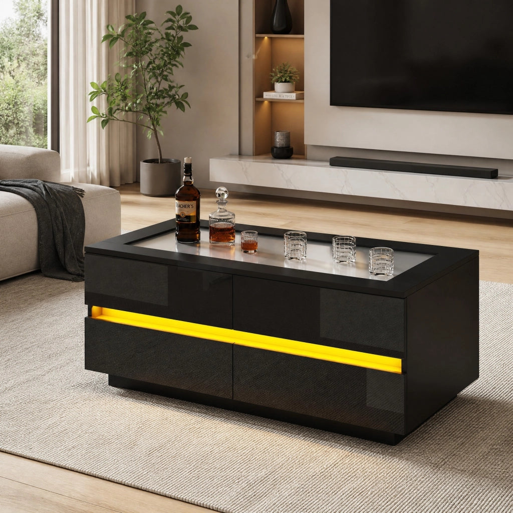 Tavolino da salotto nero 100x50x40 cm con 4 cassetti; LED; piano in vetro temperato