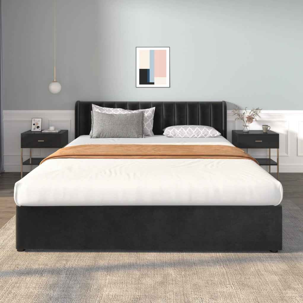 Letto matrimoniale in velluto nero 180 x 200 cm con cassetti