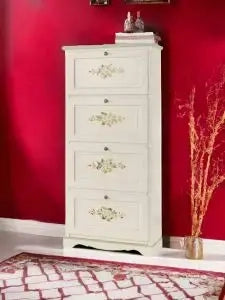 Scarpiera 4 ante a ribalta in legnobianco decorato con filo verde e fiori