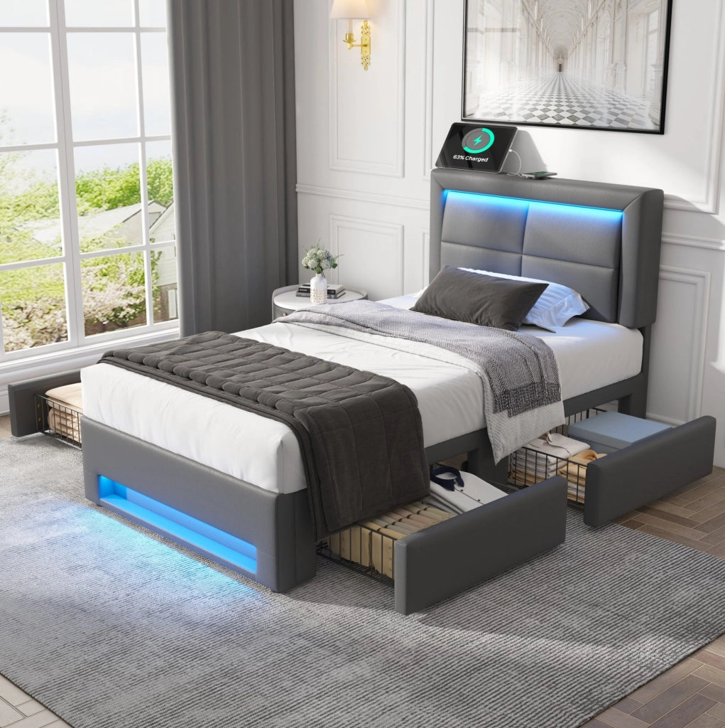Letto imbottito 90x190 cm in PU grigio con USB; LED e quattro cassetti