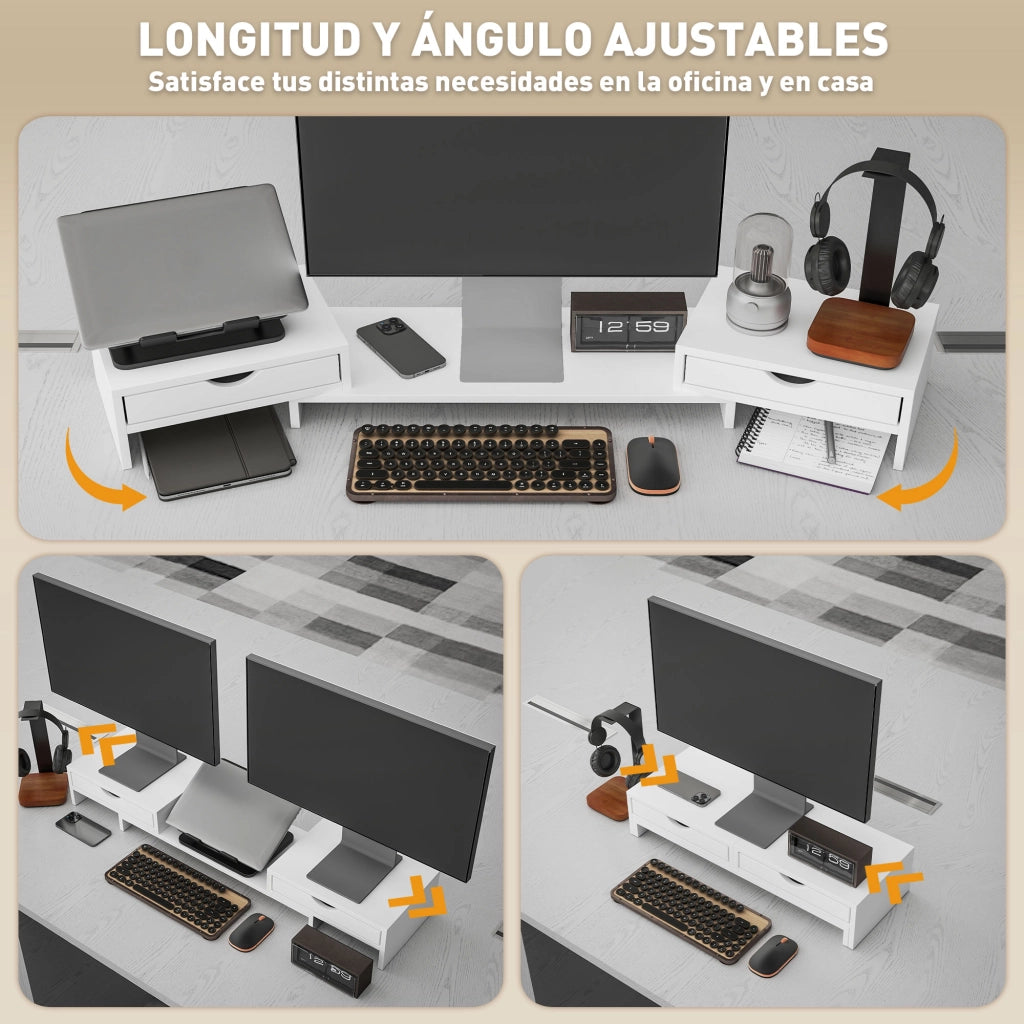 Supporto Monitor Regolabile con 2 Cassetti per PC Portatile ¨C Zephmum ¨C Bianco 60-116x22x12 cm