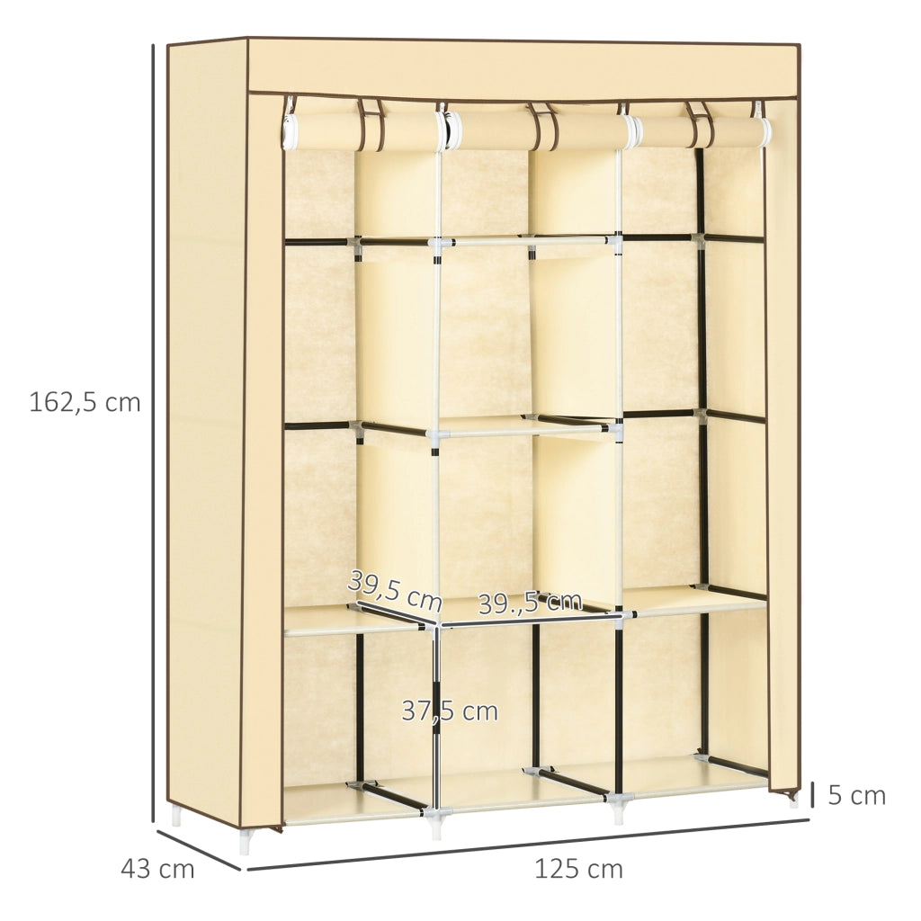 Armadio in tessuto con 8 ripiani e 2 barre appendiabiti, beige, 125x43x162,5 cm