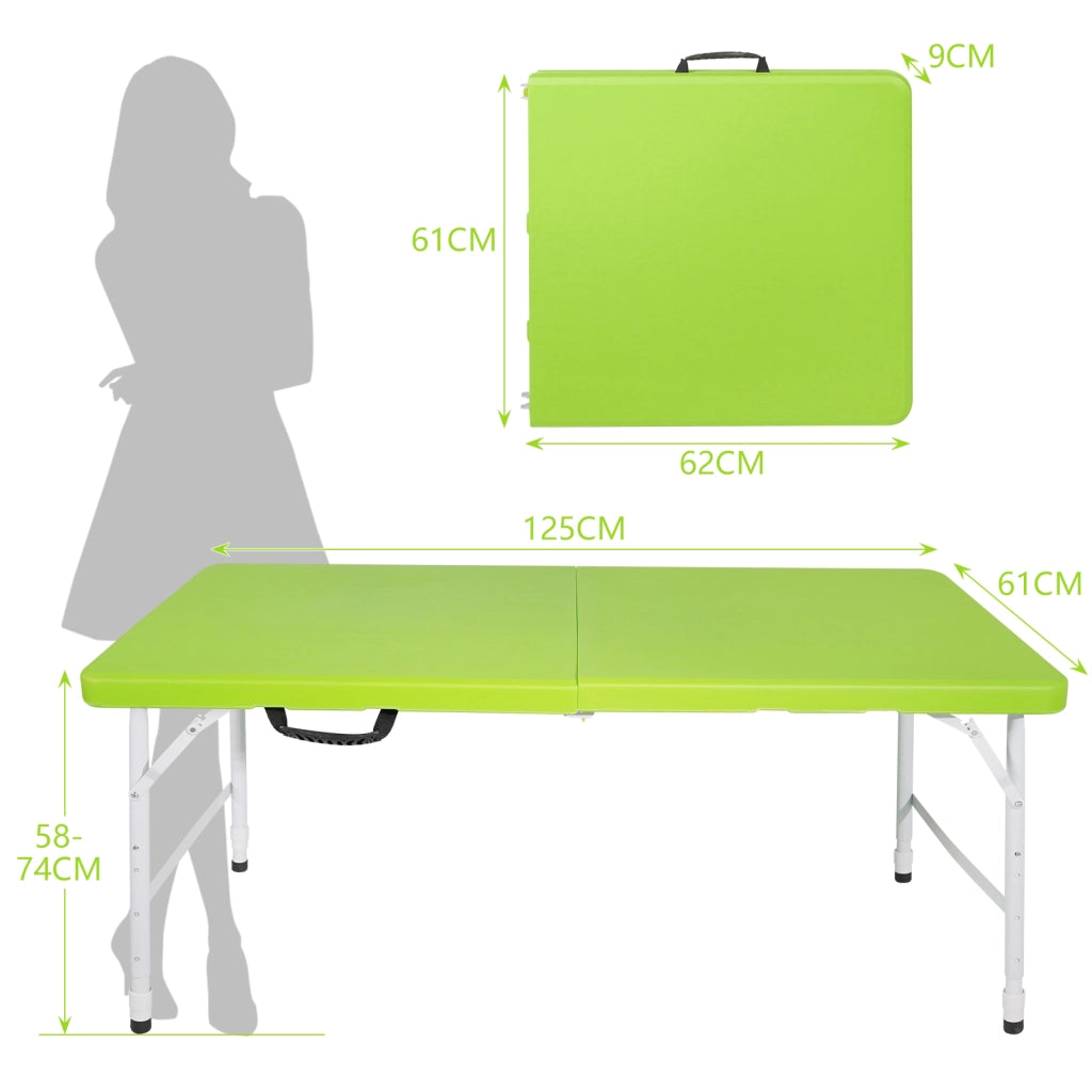 Tavolo pieghevole con piano in plastica ad alta densità e telaio in acciaio, altezza regolabile, per interno ed esterno, verde, 125 × 61 × 58-74 cm