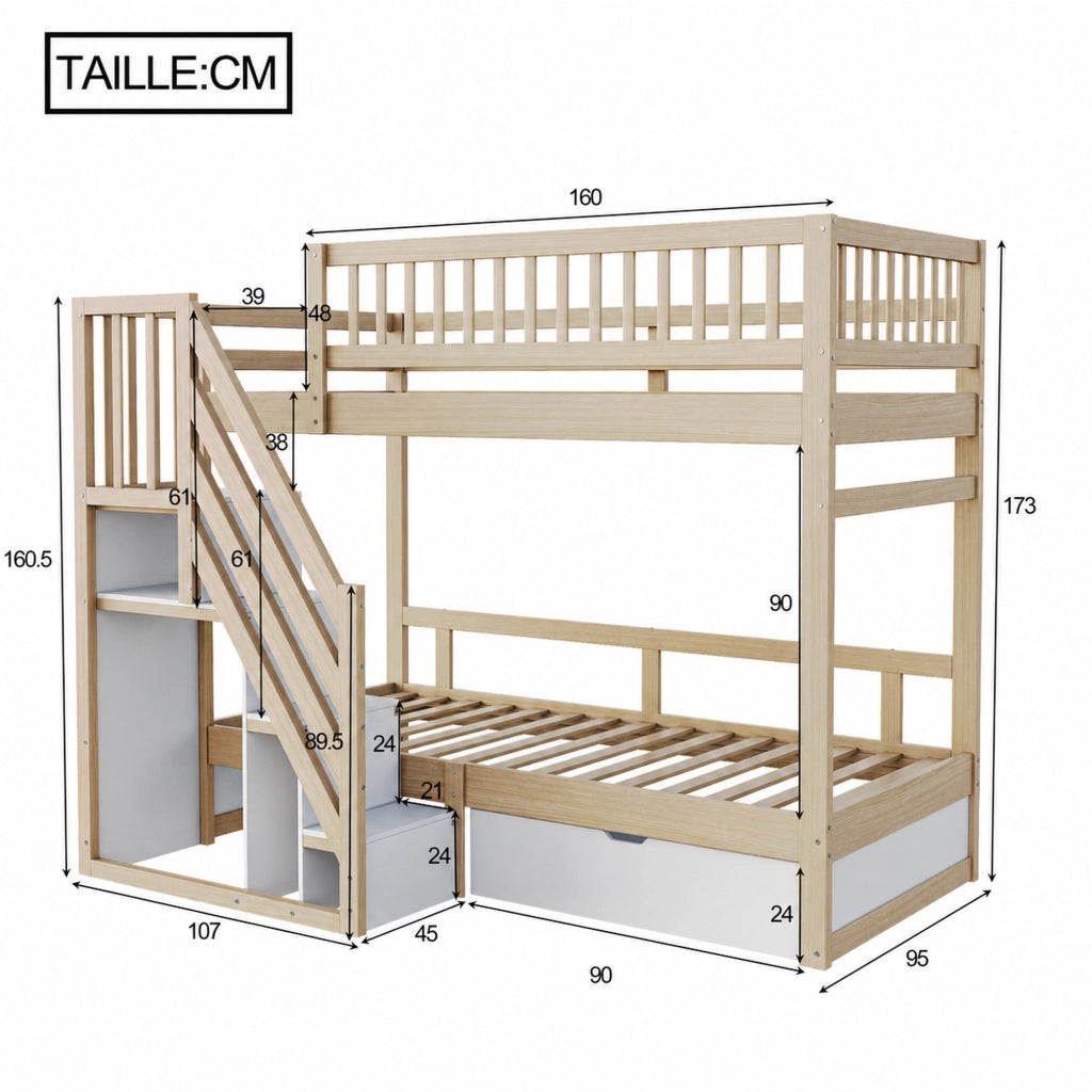DESMIU Letto a castello 2 posti con scala contenitore e cassetto, 90 × 200 cm, senza materasso, bianco