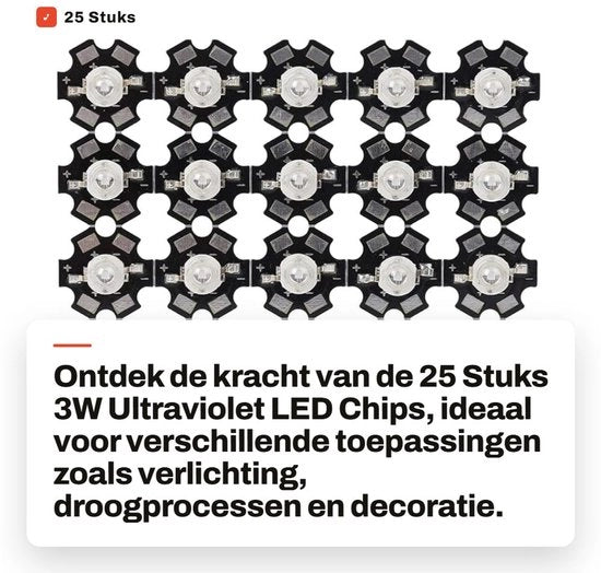 25 pezzi 3W LED Chip Ultravioleta - Alta luminosità - Duraturo e sicuro - Adatto a diverse applicazioni - Efficace in termini di energia - Compatta...