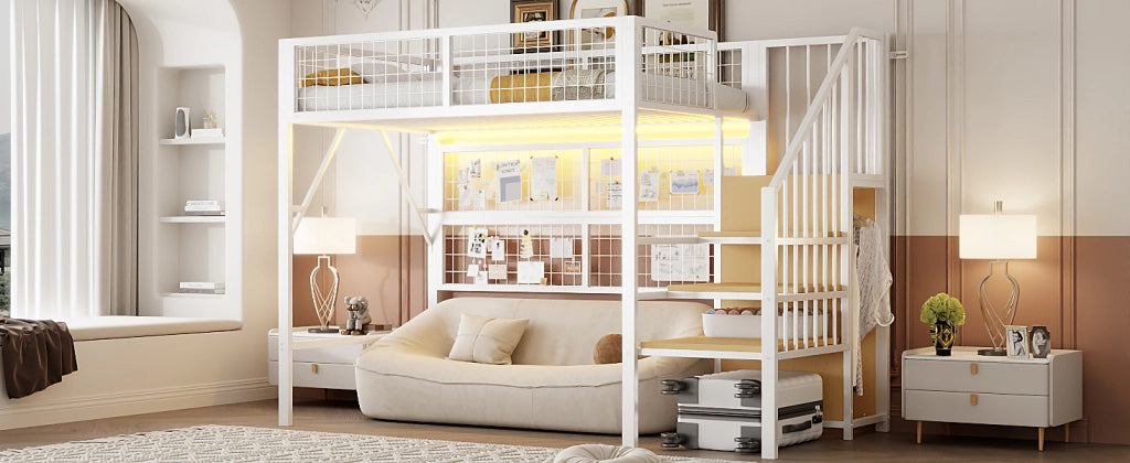 DESMIU Letto a soppalco singolo con LED regolabile, scala contenitore e armadio 90 × 200 cm senza materasso