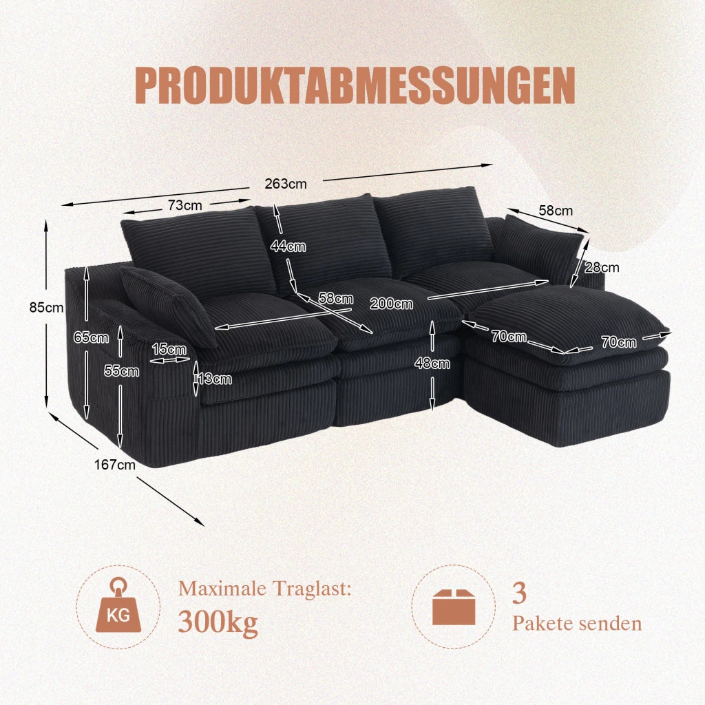 Divano modulare 4 posti in velluto a coste con cuscini e tasche laterali per soggiorno, nero 335 × 167 × 85 cm