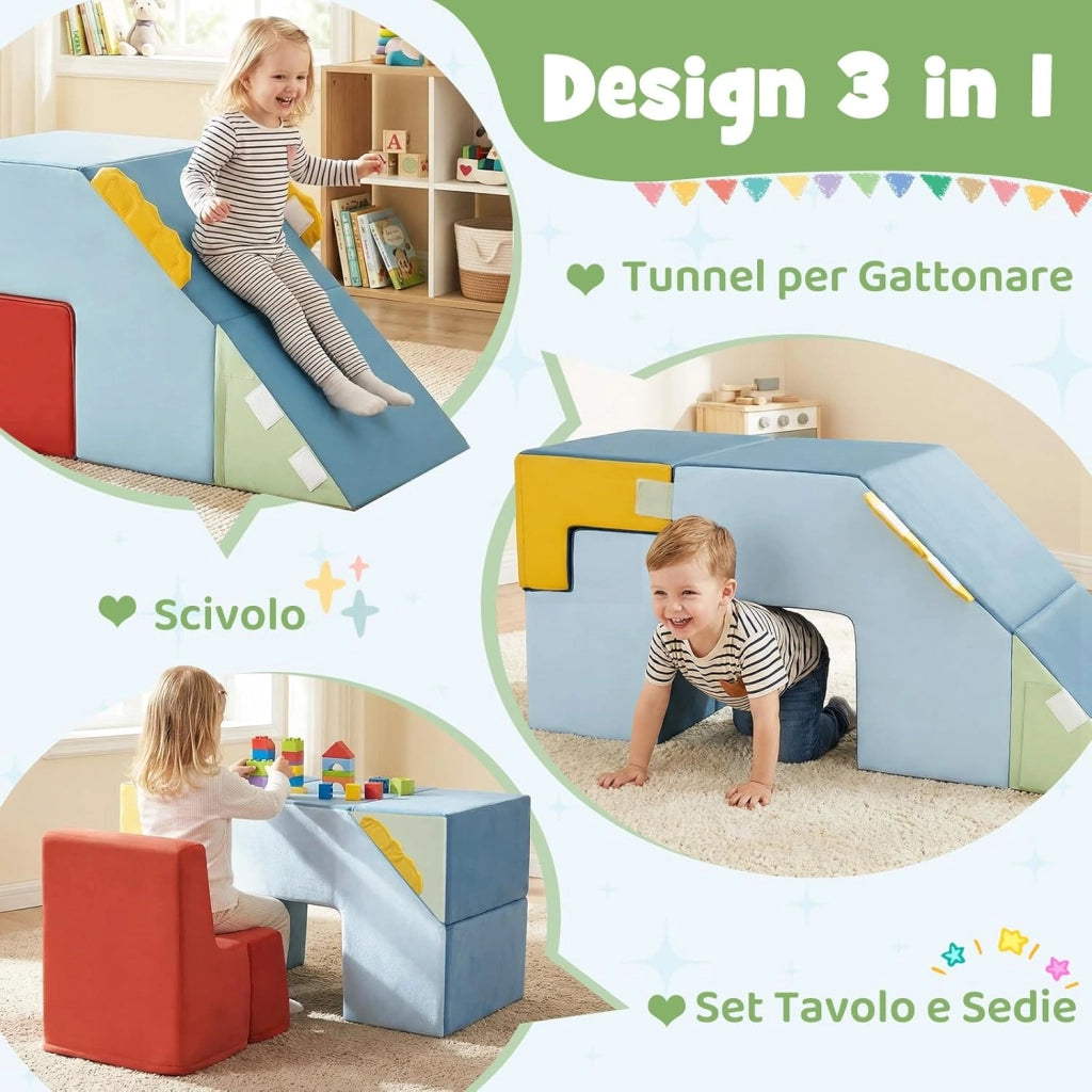 Set di 4 Blocchi da Arrampicata con Scivolo e Scale, Blocchi Morbidi in Schiuma per Gattonare, Coperture in Velluto, Set Tavolo e Sedia Convertibile per Cameretta