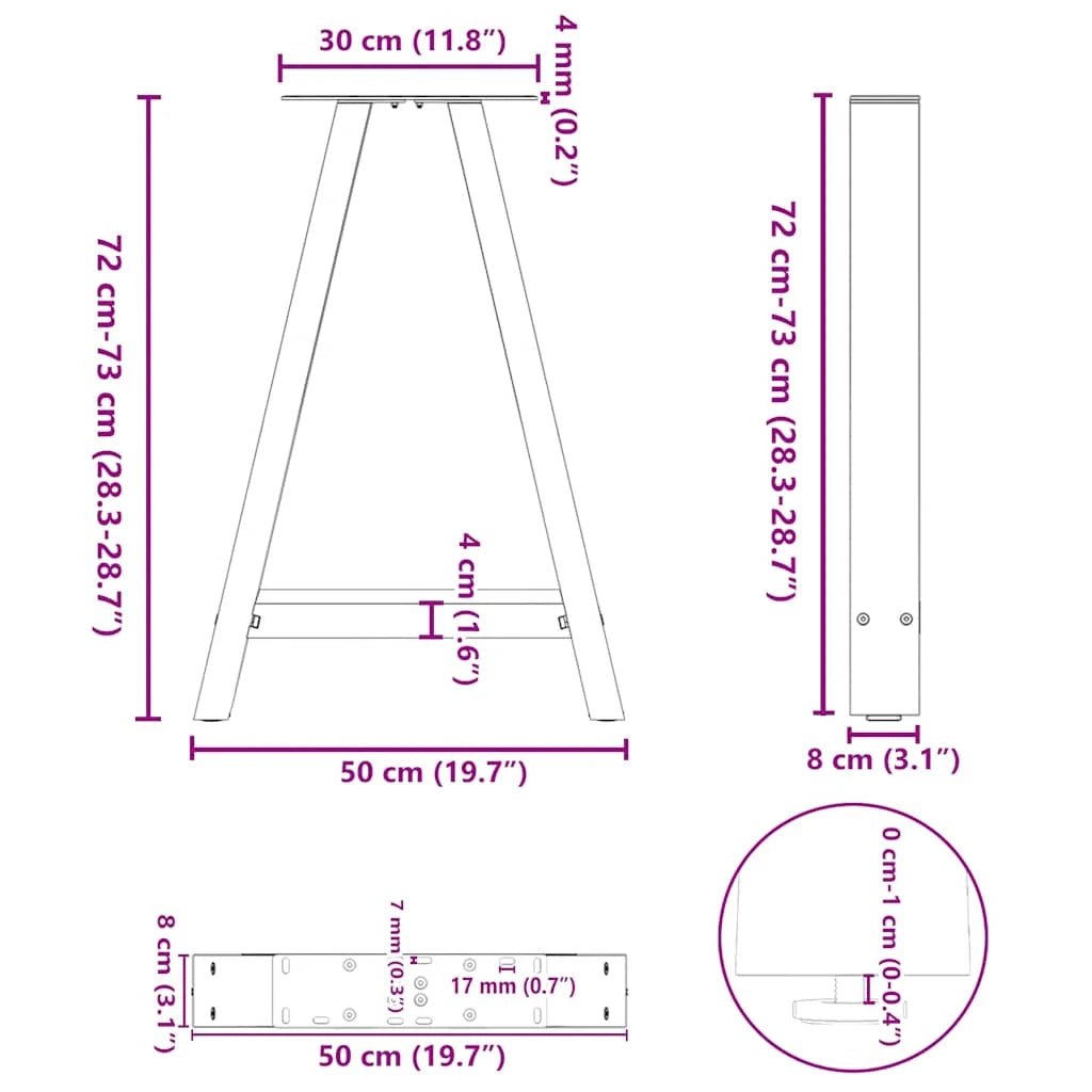 Set di 2 gambe per tavolo da pranzo a forma di A 50 x 72 cm design moderno stabilizzatori regolabili in acciaio nero 02_0057123