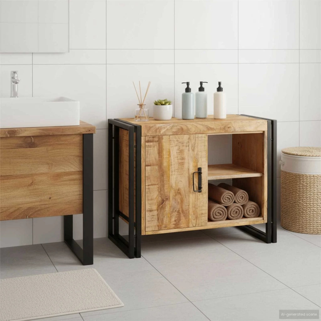 Mobile sottolavabo-Armadietto da bagno con porta Legno massello di mango e ferro